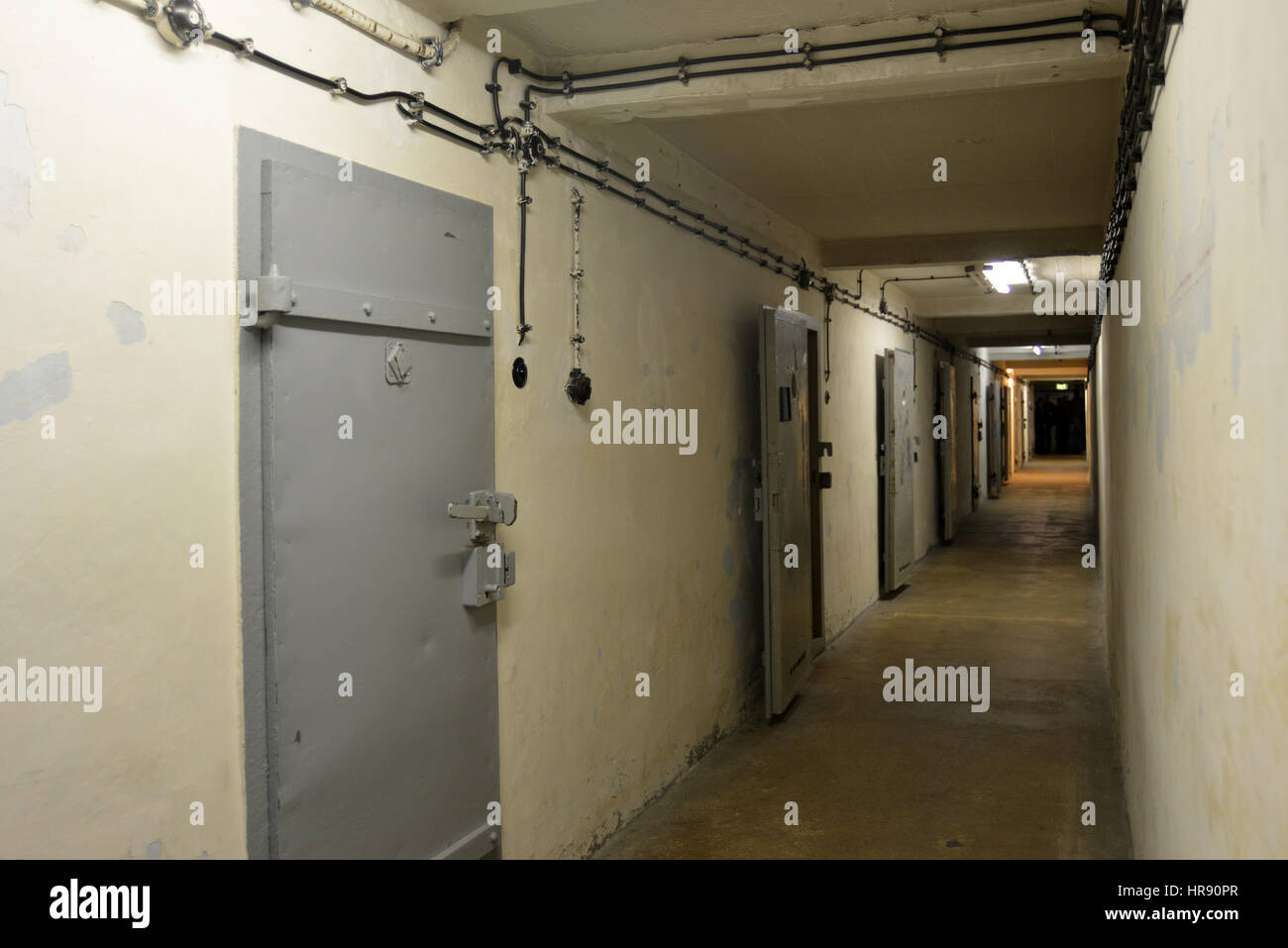 Gedenkstätte Berlin-Hohenschönhausen, Germany, April 23 2016. Cell doors in a corridor, over 20,000 people were detained from 1945 to 1990 in the pris Stock Photo