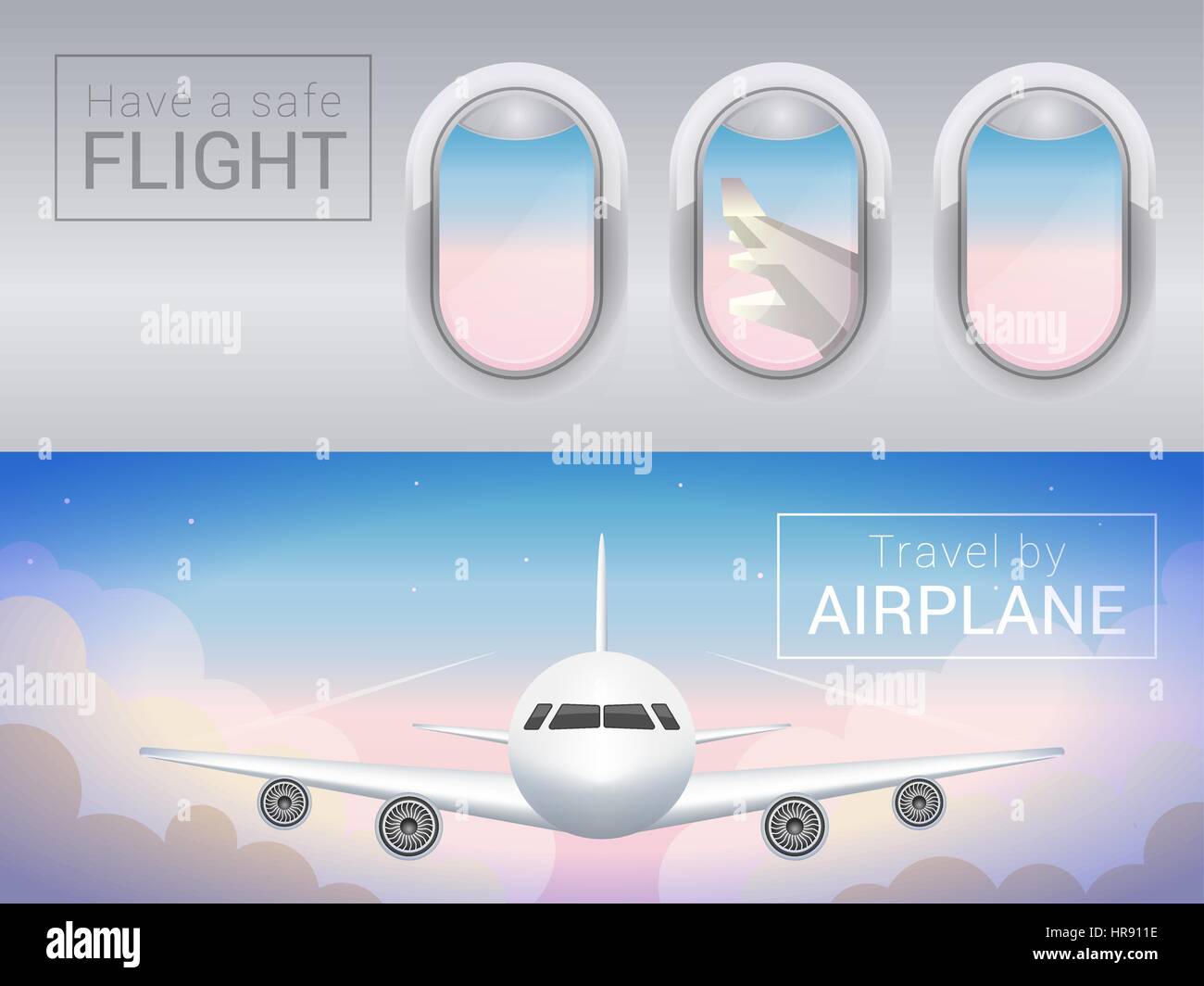 airplane window, the tourist banner. Passenger airplane in the clouds, safe flight across the sky Stock Vector