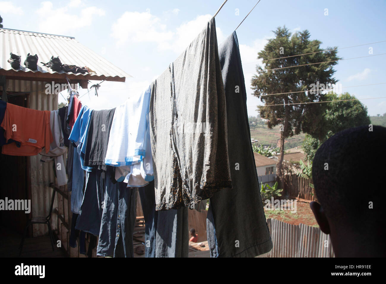 Washing line at orphanage, Kibera slums, Nairobi, Kenya, East Africa Stock Photo