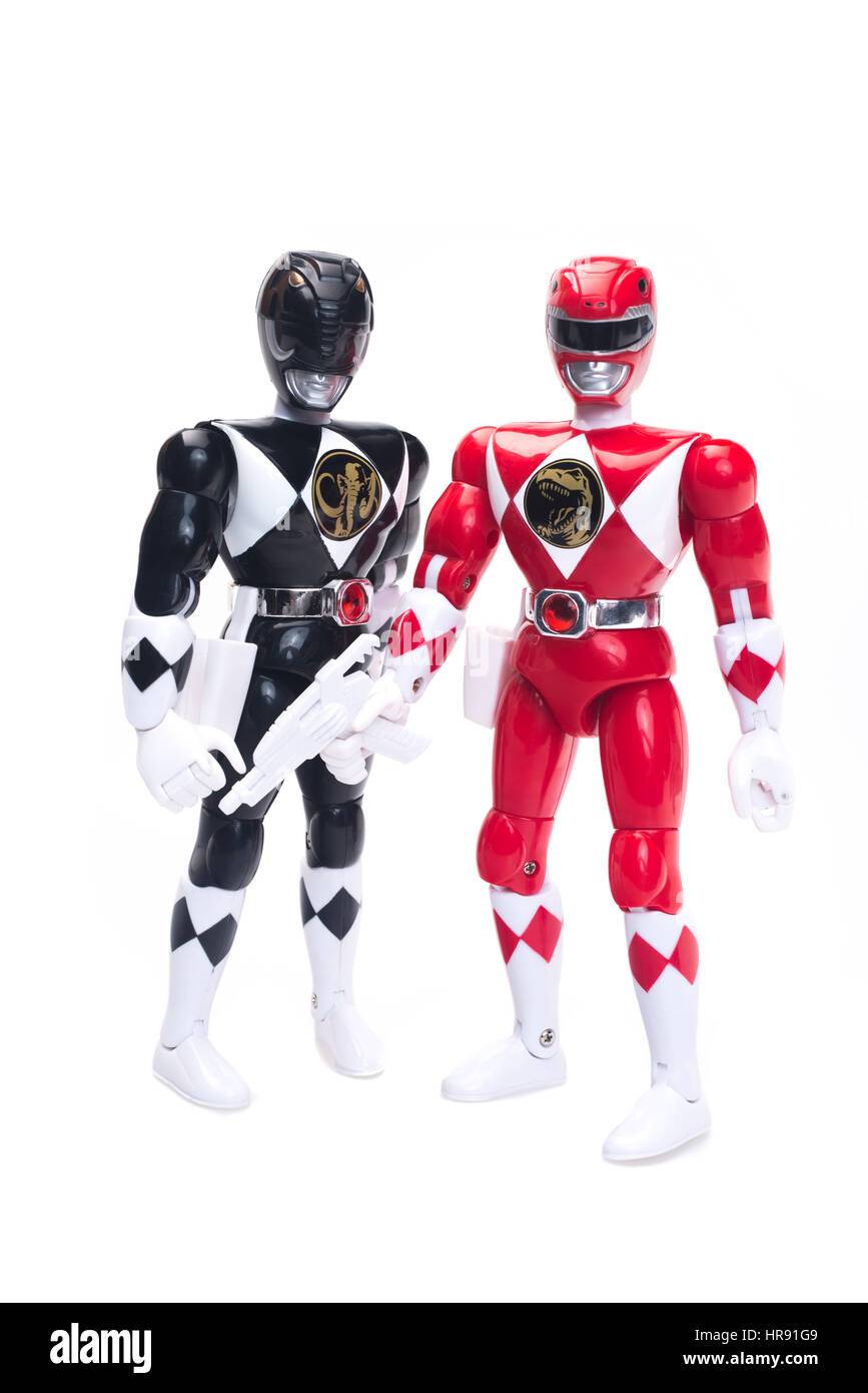 1993 Mighty Morphin Power Rangers 8' Action Figures Red & Black from TV / movie by Bandai Stock Photo