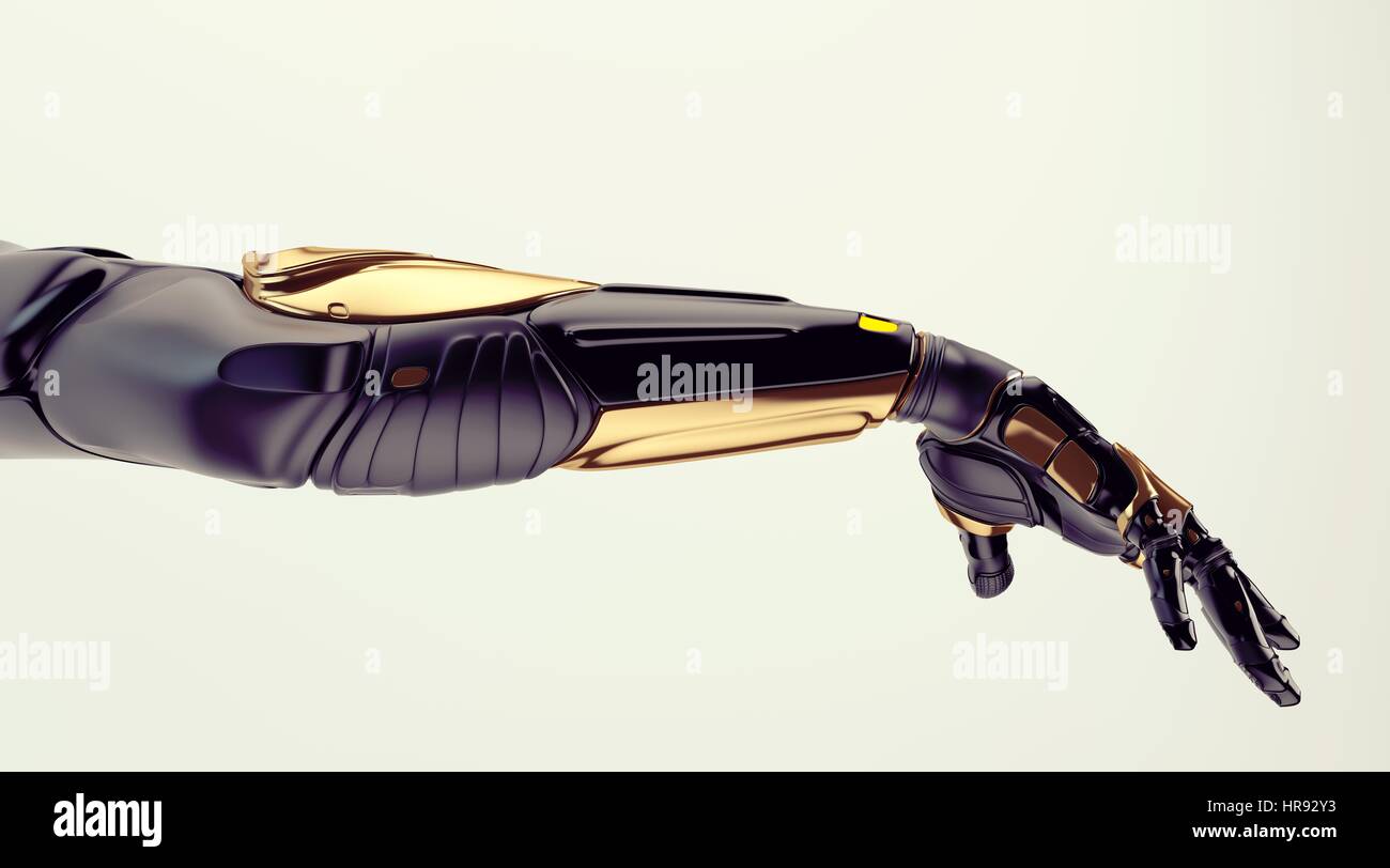 Black robotic arm with golden parts Stock Photo
