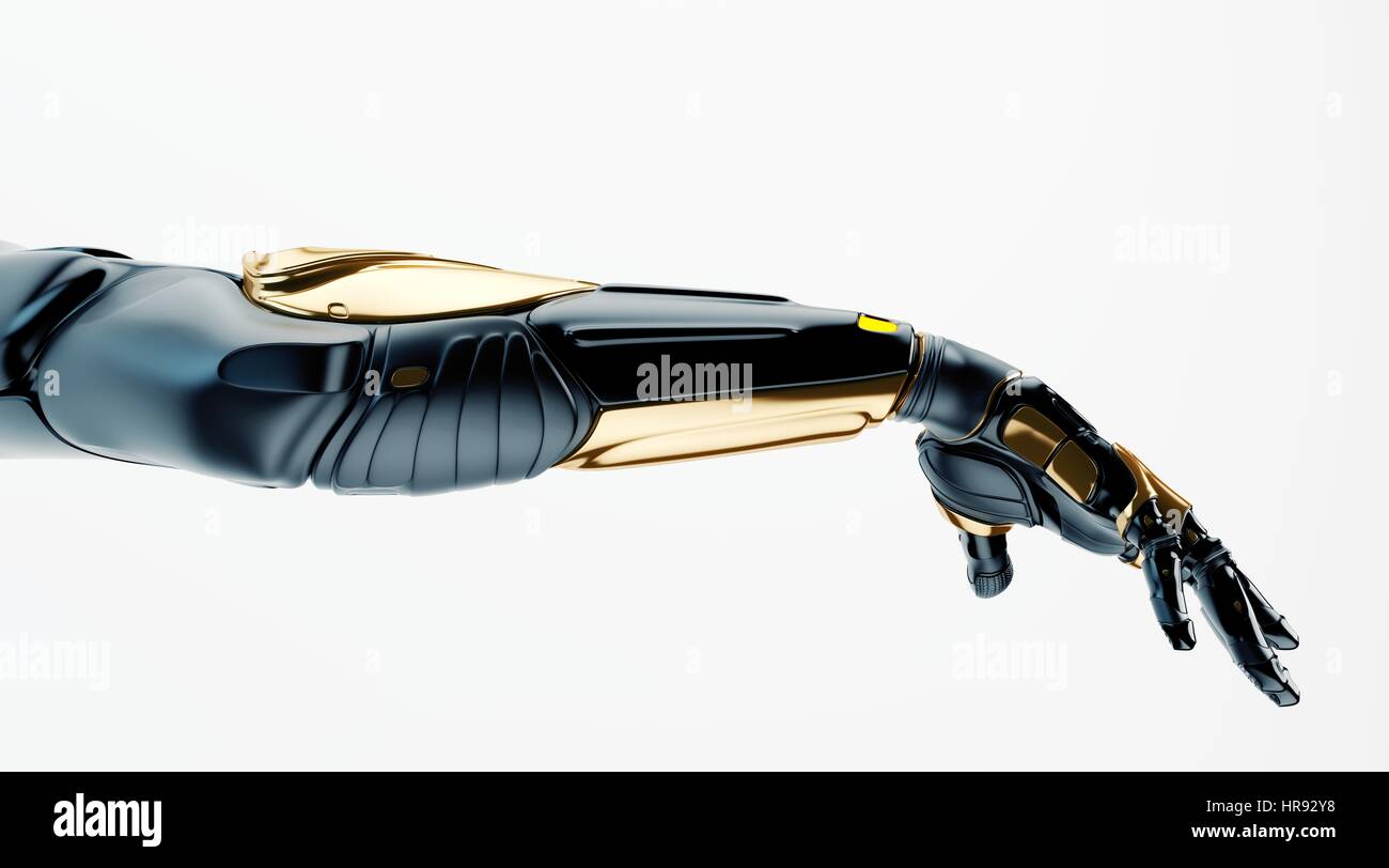 Black robotic arm with golden parts Stock Photo