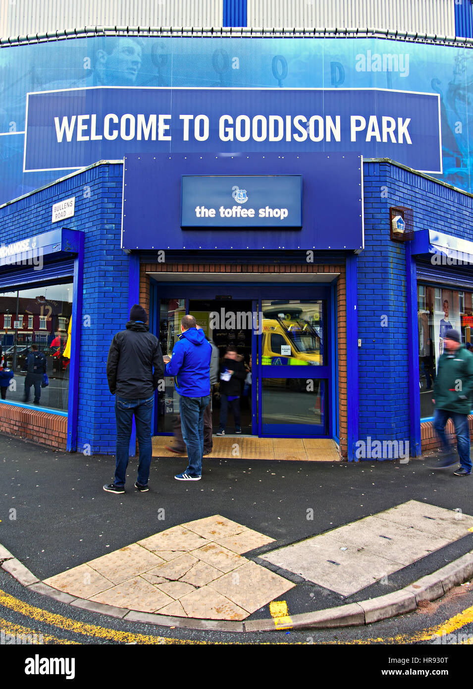 The Toffee Shop selling official Everton Football Club merchandise on the corner of Gwladys Street, Liverpool UK Stock Photo