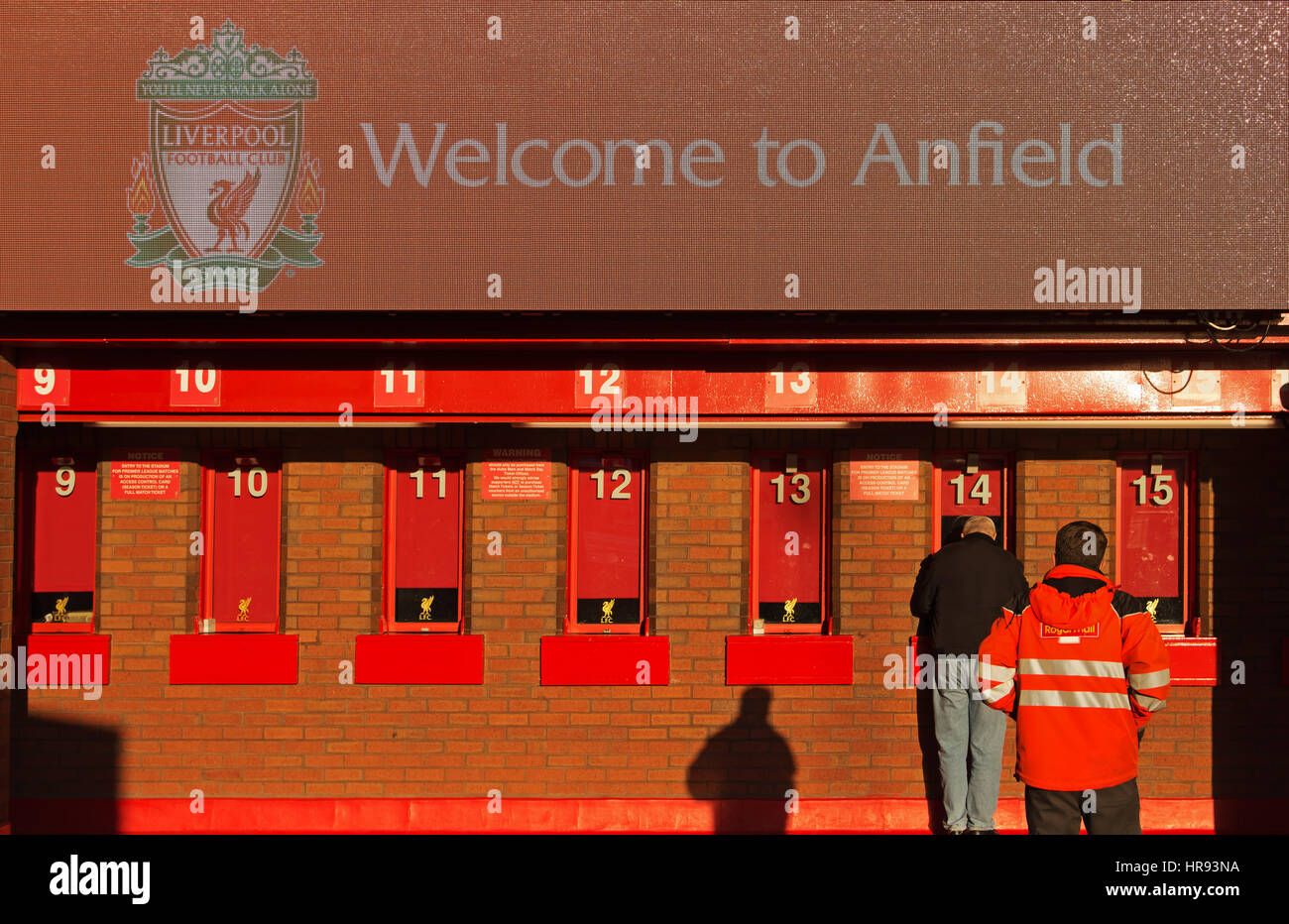 Welcome to Anfield sign and people buying tickets at Liverpool Football  Club Stadium. Liverpool UK Stock Photo - Alamy