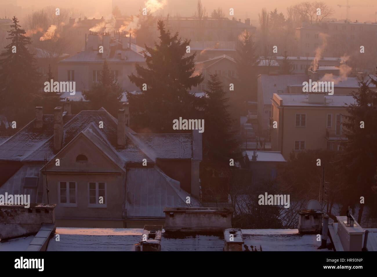 smog in the winter time in Warsaw, Poland Stock Photo