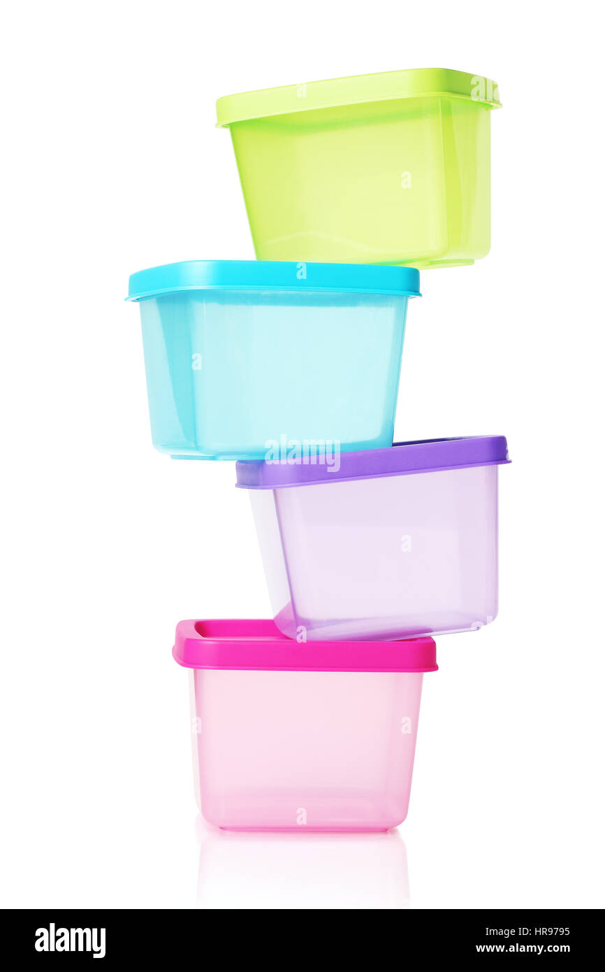 Stack of Colorful Plastic Containers on White Background Stock Photo