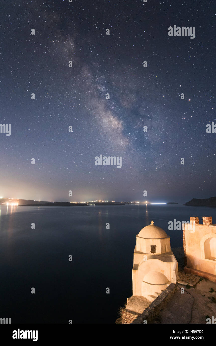 Santorini, Milky Way, Night Sky, the Cyclade Islands Stock Photo