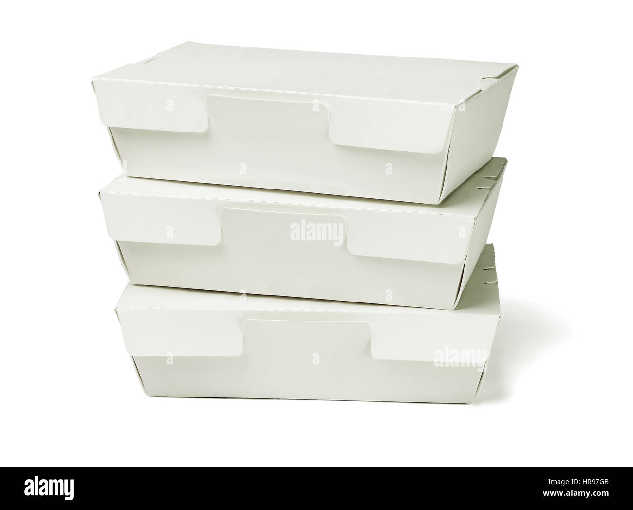 Stack of Takeaway Cardboard Food Boxes on White Background Stock Photo