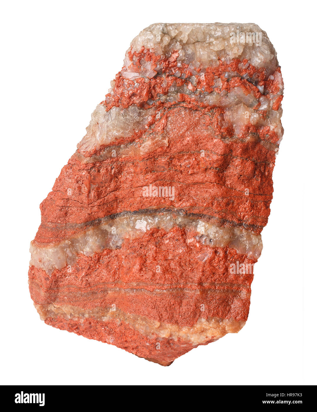 Stone red potassium salt with sodium salt layers isolated on white background. Stock Photo