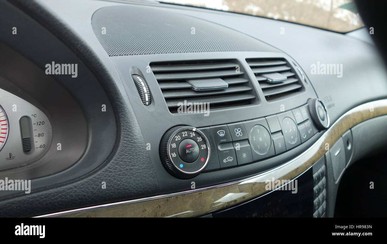 Climate control dashboard unit, ventilation, temperature panel, buttons, design and technology Stock Photo