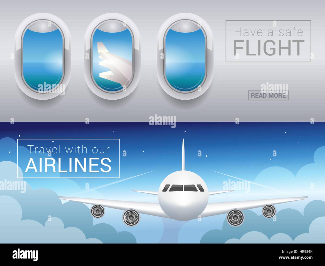 airplane window, the tourist banner. Passenger airplane in the sky clouds, safe flight across the sky Stock Vector