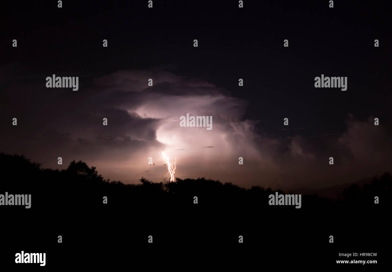 Beautiful lighting bolt and lit up clouds in the night sky Stock Photo