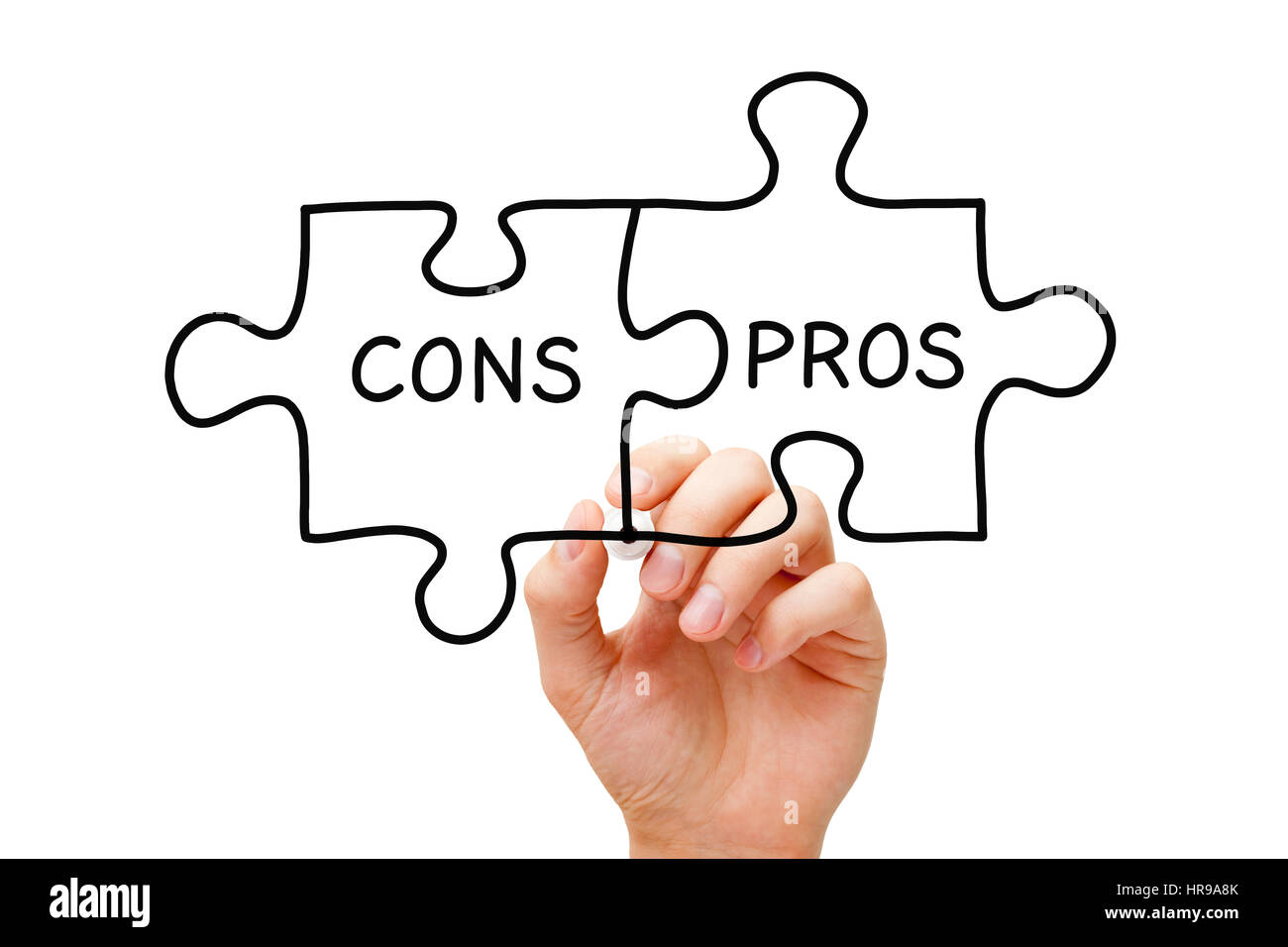 Hand drawing Pros Cons jigsaw puzzle concept with black marker on transparent glass board. Stock Photo