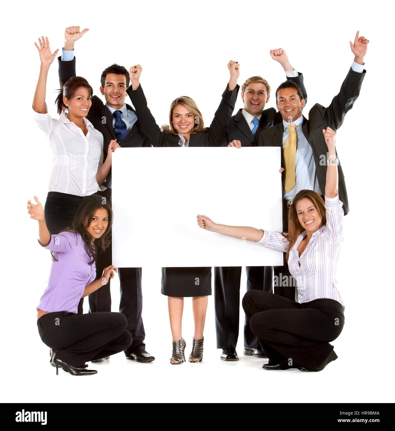 group of business people holding a banner ad isolated on white Stock ...