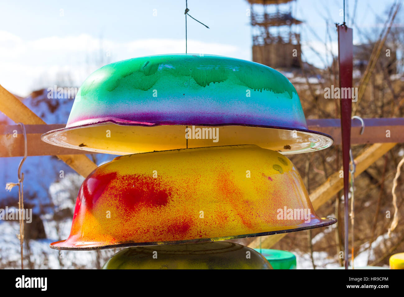 Homemade musical instruments from metal basins and pans. Handmade