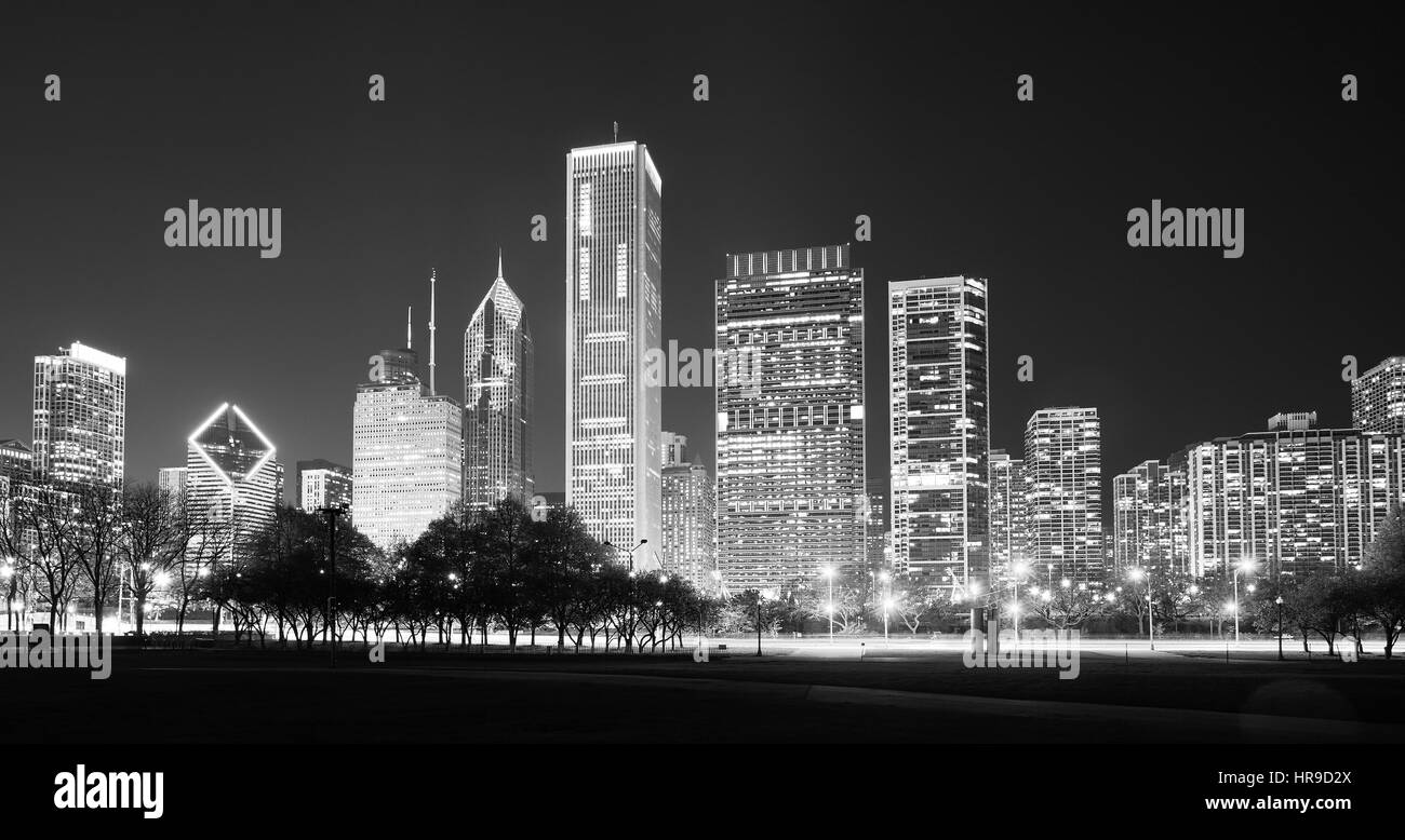 Black and white panoramic picture of Chicago downtown at night, Illinois, USA. Stock Photo