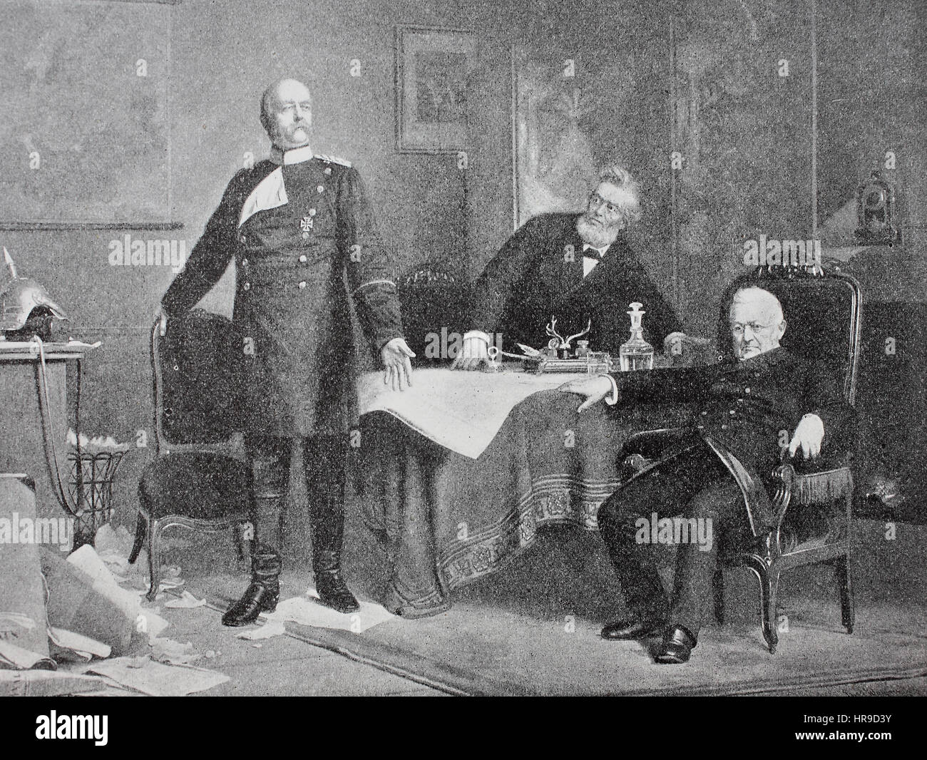Birmarck verhandelt in Versailles mit Thiers und Favre. The Treaty of Versailles of 1871 ended the Franco-Prussian War and was signed by Adolphe Thiers, of the French Third Republic, and Otto von Bismarck, of the German Empire on 26 February 1871, Situation from the time of The Franco-Prussian War or Franco-German War,  Deutsch-Franzoesischer Krieg, 1870-1871, Reproduction of an original woodcut from the year 1885, digital improved Stock Photo