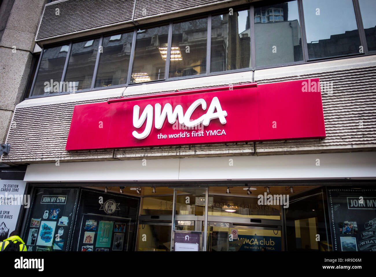 Sign outside the world's first YMCA, Great Russell Street, Fitzrovia, London, UK Stock Photo