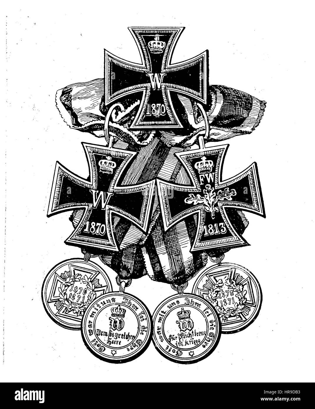 The Iron Cross, Eisernes Kreuz, abbreviated EK was a military decoration in the Kingdom of Prussia, and later in the German Empire, Situation from the time of The Franco-Prussian War or Franco-German War,  Deutsch-Franzoesischer Krieg, 1870-1871, Reproduction of an original woodcut from the year 1885, digital improved Stock Photo