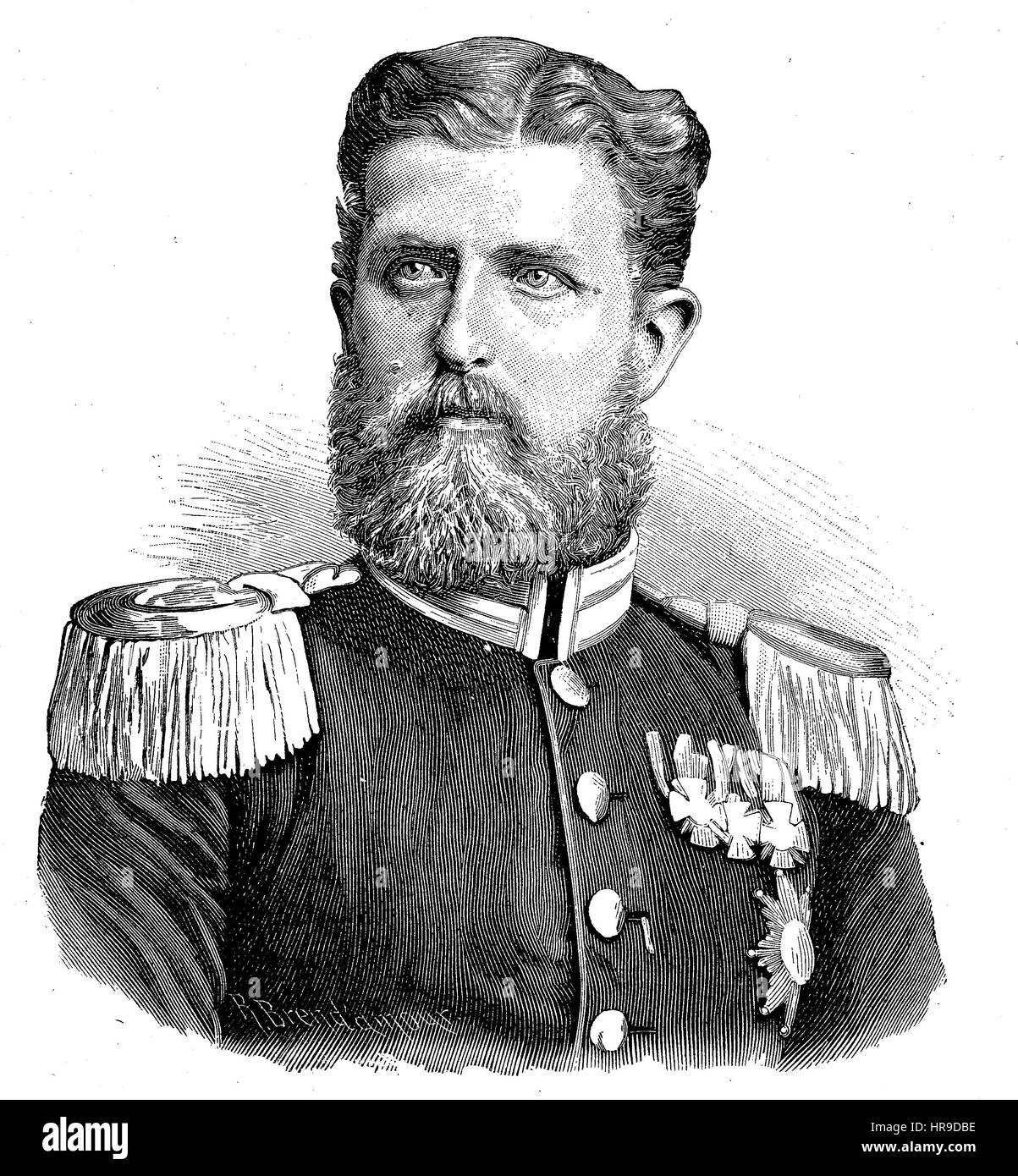 Leopold, Prince of Hohenzollern, Leopold Stephan Karl Anton Gustav Eduard Tassilo Fuerst von Hohenzollern, 1835 - 1905, was the head of the Swabian branch of the House of Hohenzollern, and played a fleeting role in European power politics, in connection with the Franco-Prussian War., Situation from the time of The Franco-Prussian War or Franco-German War,  Deutsch-Franzoesischer Krieg, 1870-1871, Reproduction of an original woodcut from the year 1885, digital improved Stock Photo