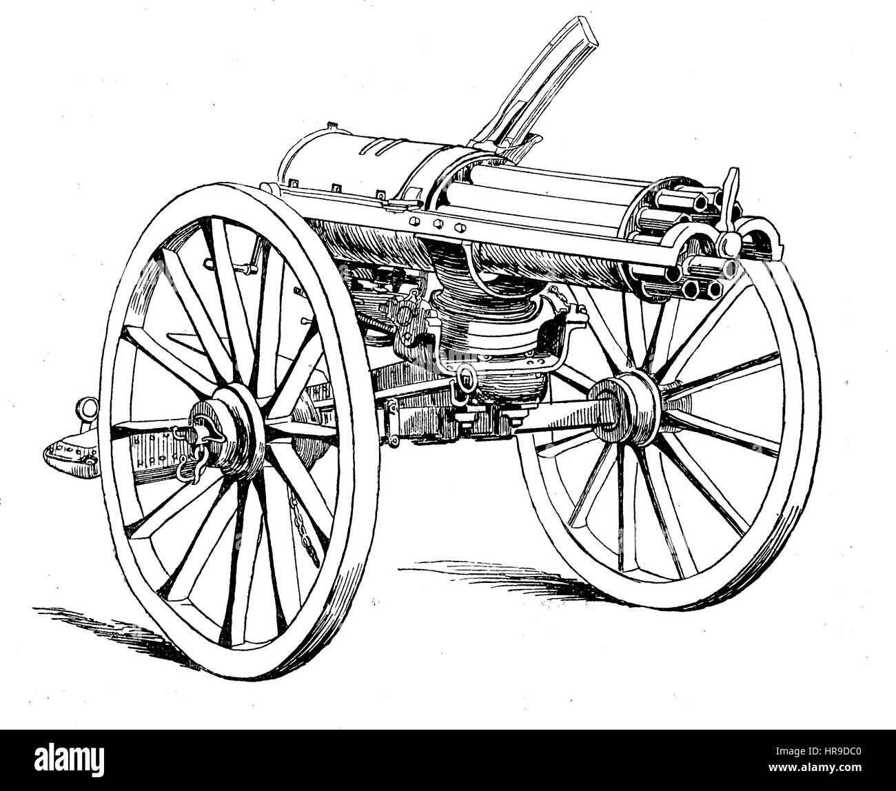 A mitrailleuse, grapeshot is a type of volley gun with multiple barrels of rifle calibre that can fire either multiple rounds at once or several rounds in rapid succession, The Gatling gun is one of the best-known early rapid-fire spring loaded, hand cranked weapons and a forerunner of the modern machine gun, Situation from the time of The Franco-Prussian War or Franco-German War,  Deutsch-Franzoesischer Krieg, 1870-1871, Reproduction of an original woodcut from the year 1885, digital improved Stock Photo