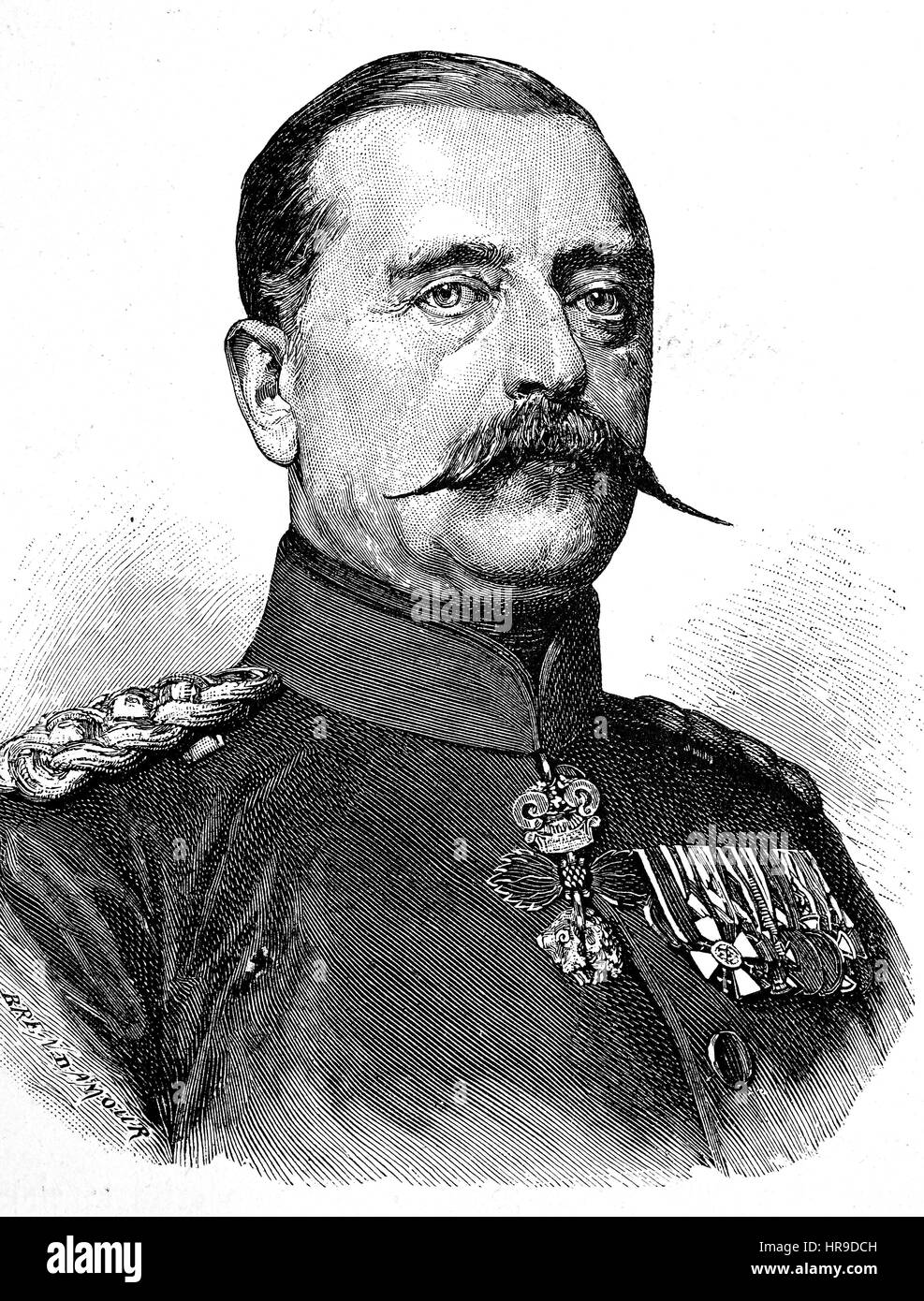 Prince Karl Anton of Hohenzollern-Sigmaringen, Karl Anton Joachim Zephyrinus Friedrich Meinrad Fuerst von Hohenzollern-Sigmaringen, 1811 - 1885, was head of the Princely House of Hohenzollern-Sigmaringen, Hohenzollern from 1869 and Prime Minister of Prussia, Situation from the time of The Franco-Prussian War or Franco-German War,  Deutsch-Franzoesischer Krieg, 1870-1871, Reproduction of an original woodcut from the year 1885, digital improved Stock Photo