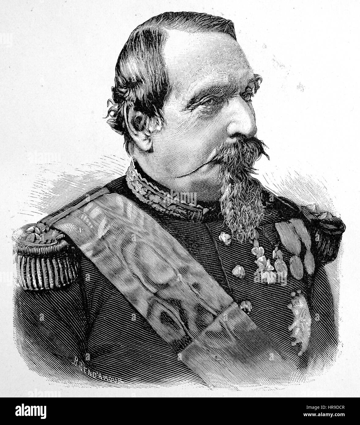 Louis-Napoleon Bonaparte, Charles-Louis Napoleon Bonaparte, 1808 - 1873, was the only President of the French Second Republic and, as Napoleon III, the Emperor of the Second French Empire, Situation from the time of The Franco-Prussian War or Franco-German War,  Deutsch-Franzoesischer Krieg, 1870-1871, Reproduction of an original woodcut from the year 1885, digital improved Stock Photo