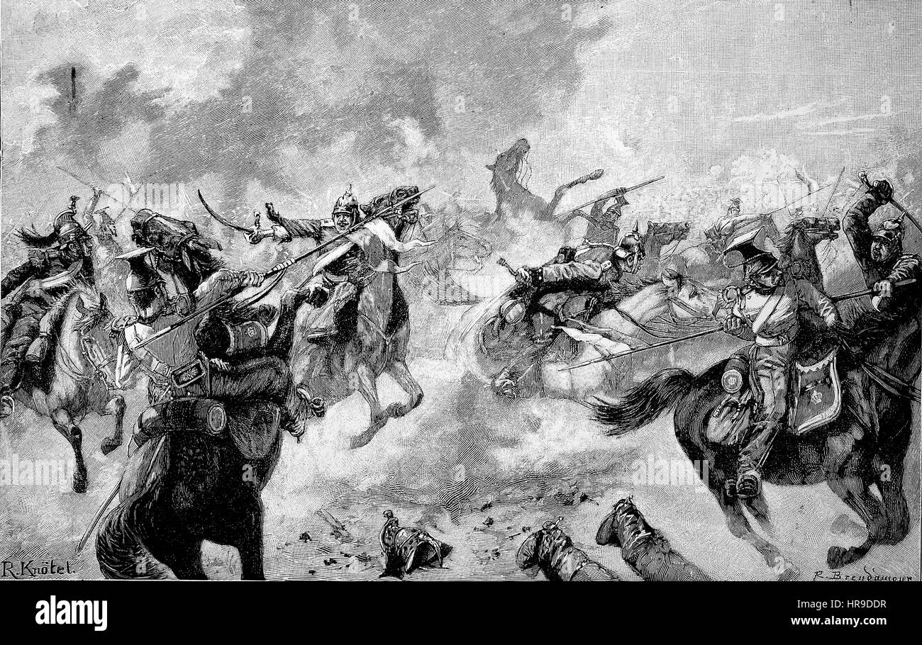 Riders fight at Mars la Tour, France, Situation from the time of The Franco-Prussian War or Franco-German War,  Deutsch-Franzoesischer Krieg, 1870-1871, Reproduction of an original woodcut from the year 1885, digital improved Stock Photo