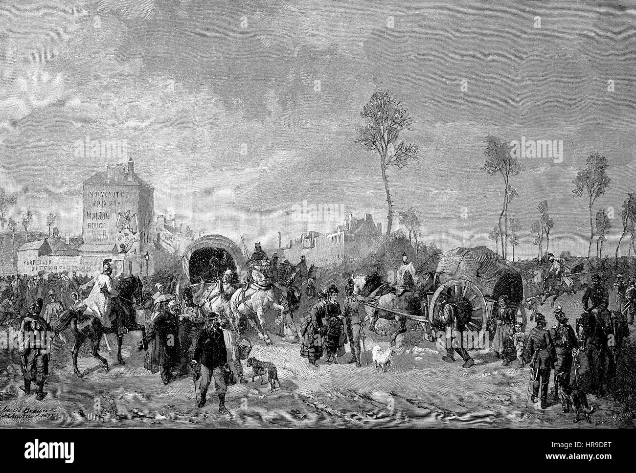 On the demarcation line in Charenton near Paris, Situation from the time of The Franco-Prussian War or Franco-German War,  Deutsch-Franzoesischer Krieg, 1870-1871, Reproduction of an original woodcut from the year 1885, digital improved Stock Photo