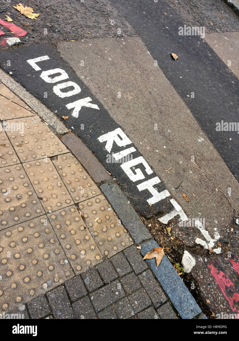 Look right, written on the street in London UK Stock Photo