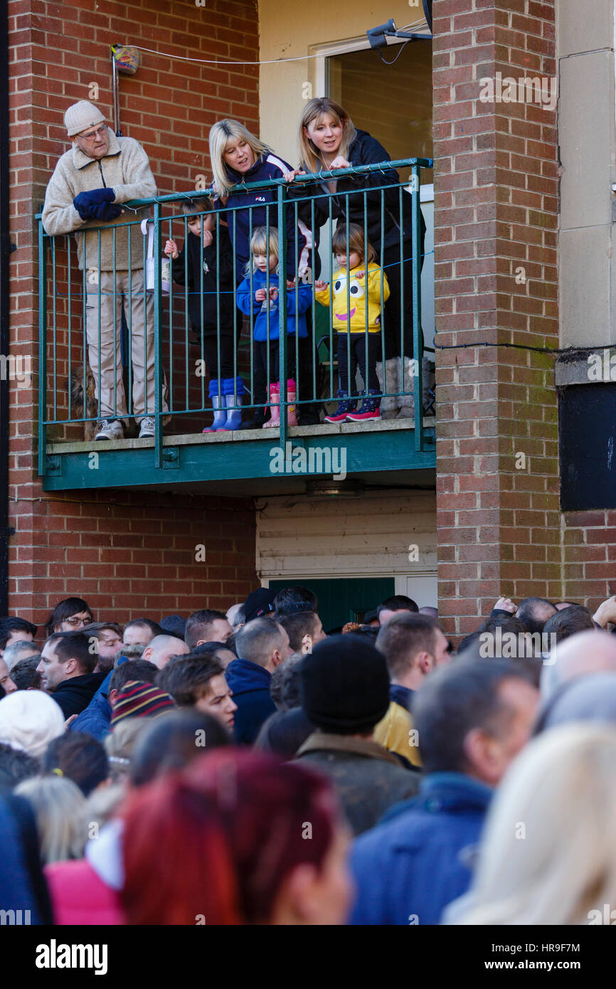 Spectators at Shrovetide Football, Ashbourne, Derbyshire, Ash Wednesday 10th February 2016 Stock Photo