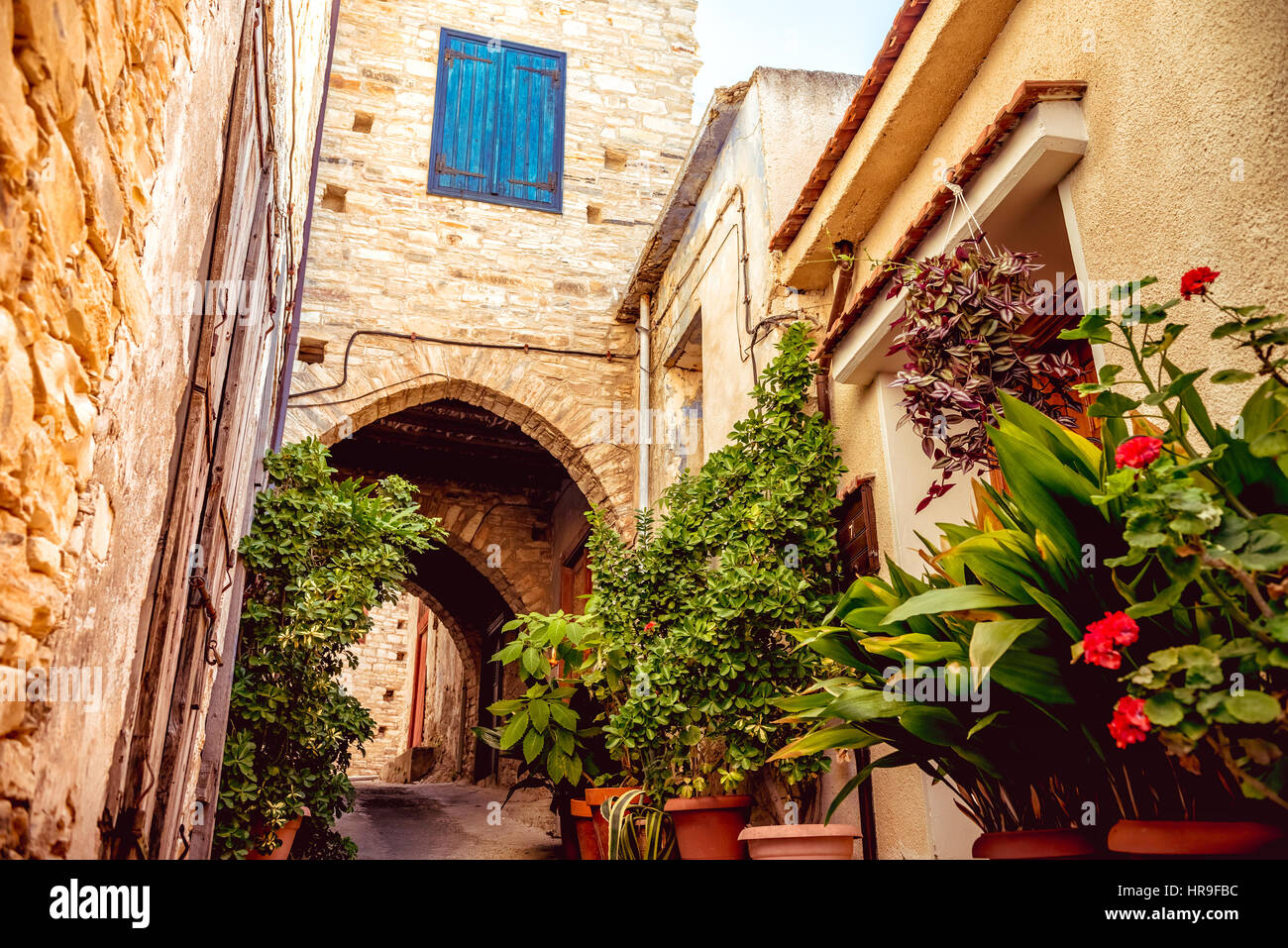 Cozy narrow street in Pano Lefkara village. Limassol District, Cyprus. Stock Photo
