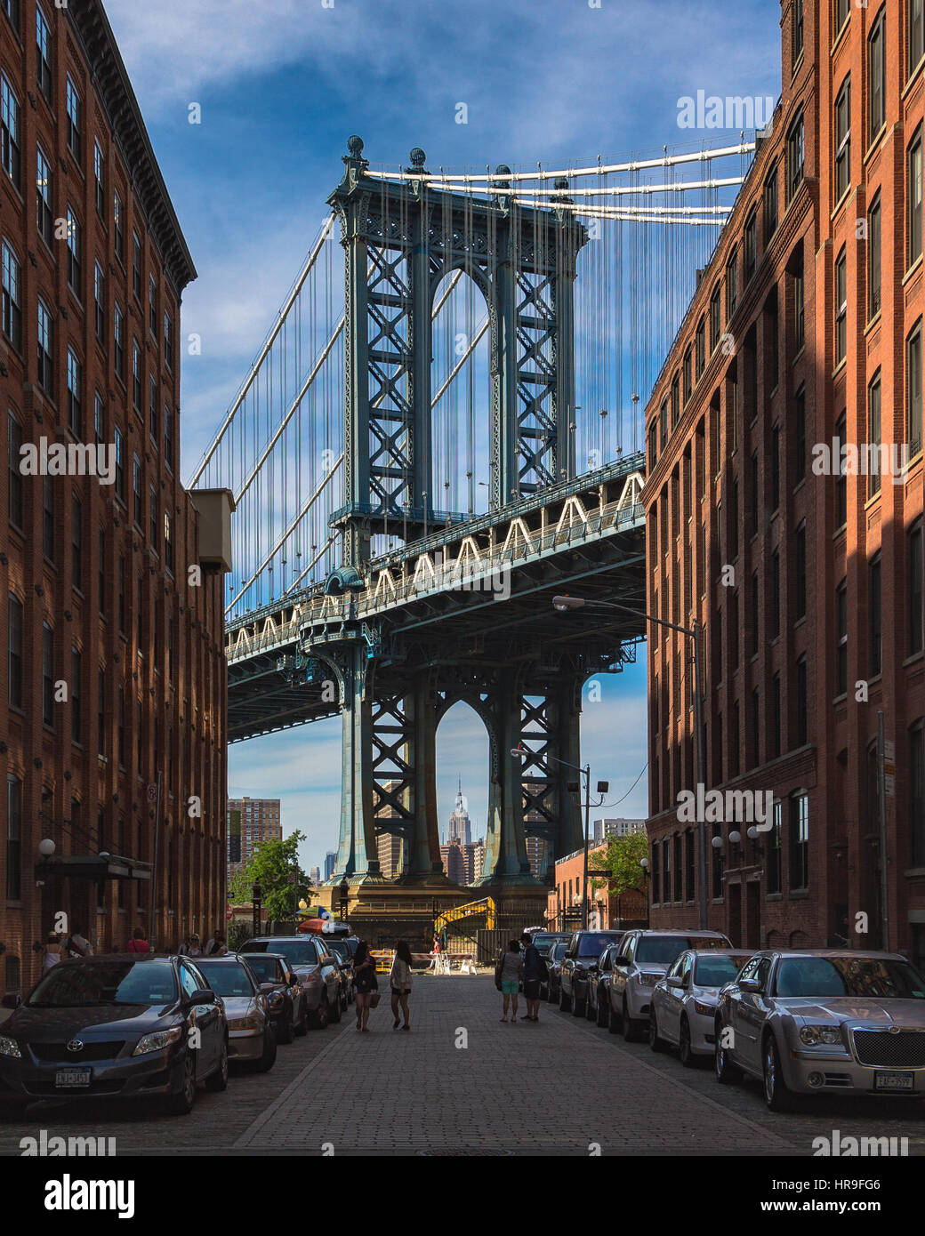 The Manhattan Bridge tower as seen from DUMBO in Brooklyn Stock Photo