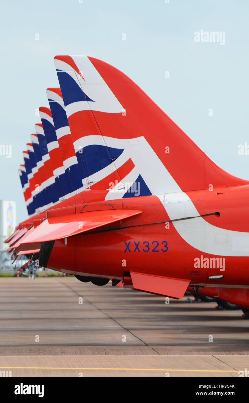 Red Arrows jet planes lined up at the Royal International Air Tattoo Fairford, UK Stock Photo