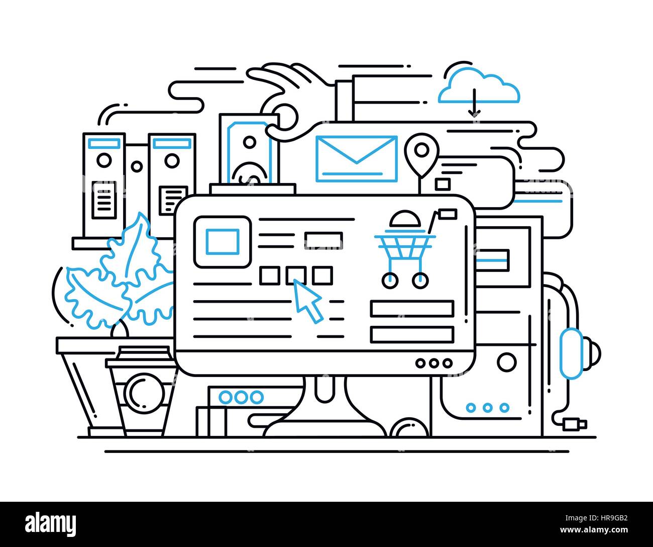 Online Shopping Process Line Flat Design Banner With Desktop Stock
