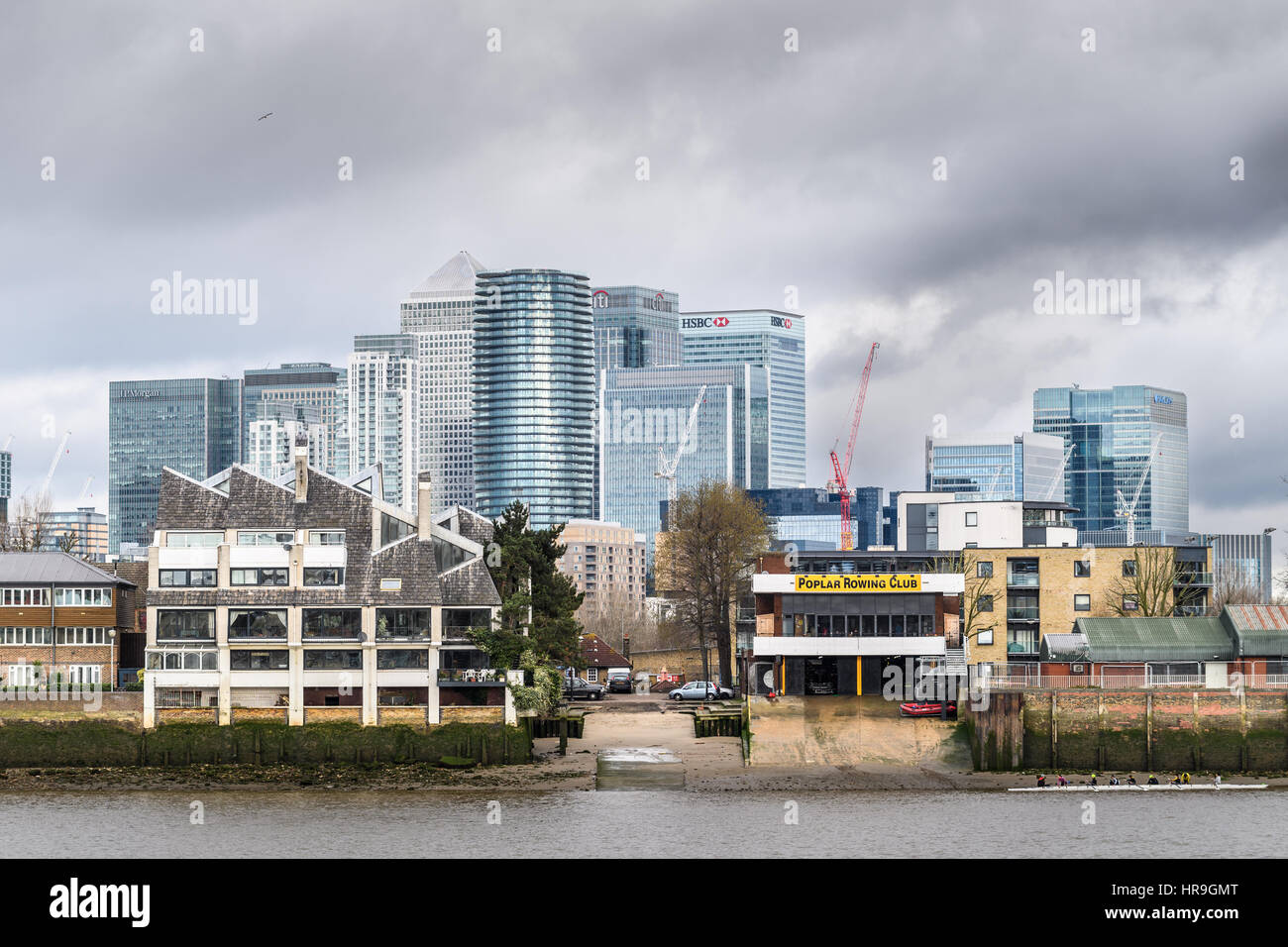 Waterfront at Poplar, in front of Canary Wharf, London, one of the city's two financial centres. Stock Photo