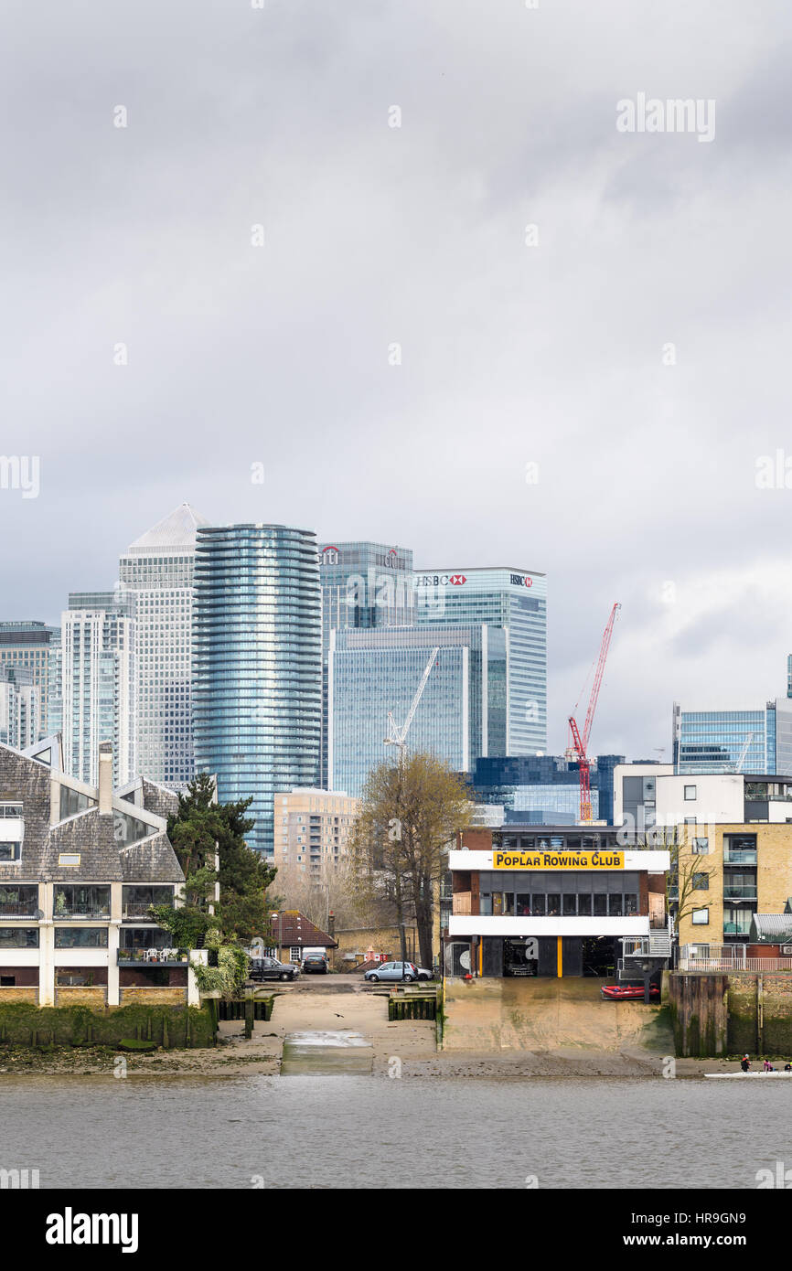 Waterfront at Poplar, in front of Canary Wharf, London, one of the city's two financial centres. Stock Photo