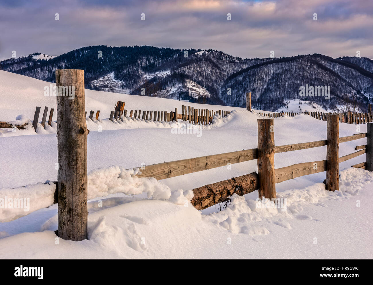 beautiful warm winter sunrise on cloudy morning in snow covered fields with wooden fence near rural area of Carpathian mountains Stock Photo