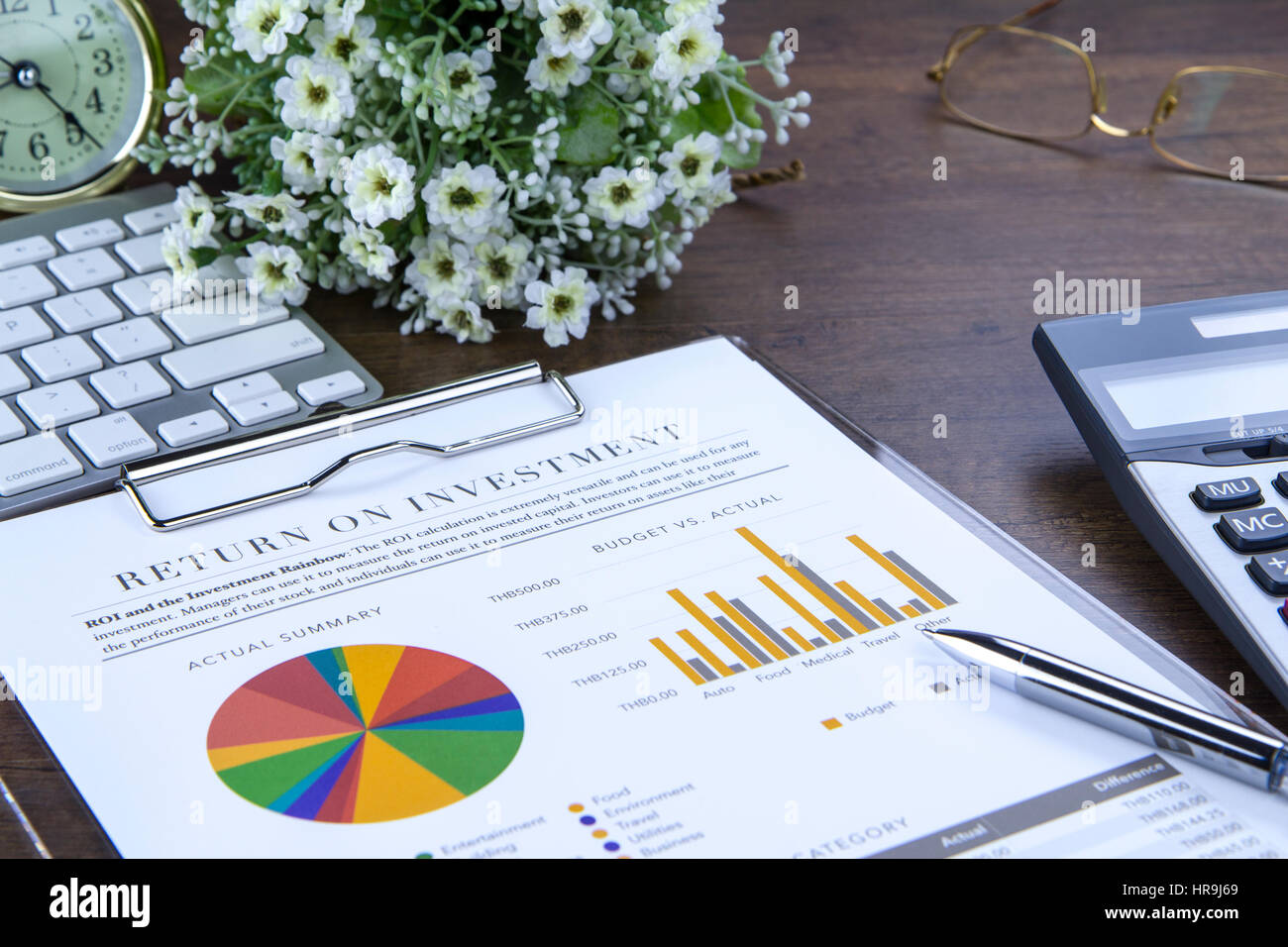 return on investment analysis document with rainbow pie chart graph stock investment analysis