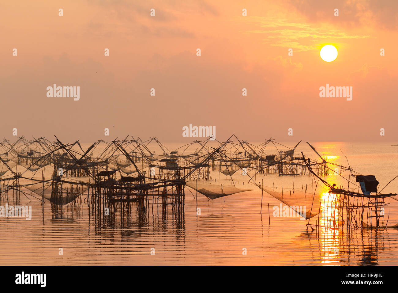 Fishing nets in the lake in Southern part of Thailand in gold warm morning light Stock Photo
