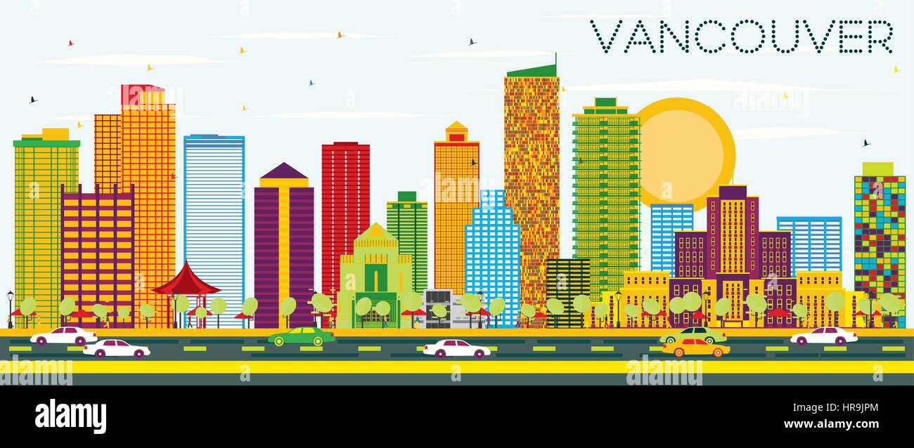 Vancouver Skyline with Color Buildings and Blue Sky. Vector ...