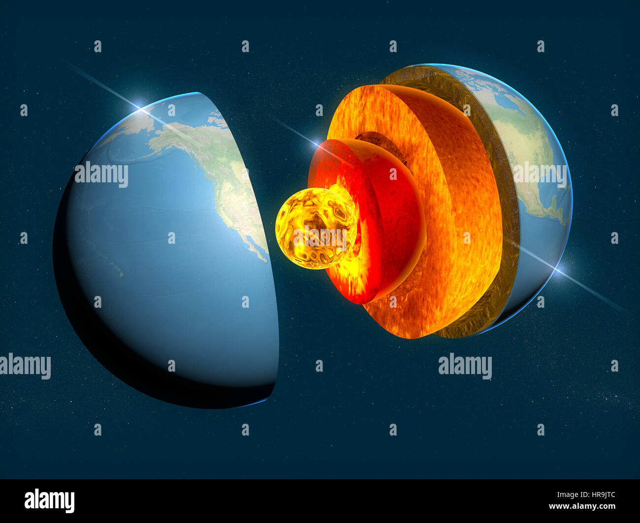 Earth structure, division into layers, the earth's crust and core. 3d rendering Stock Photo