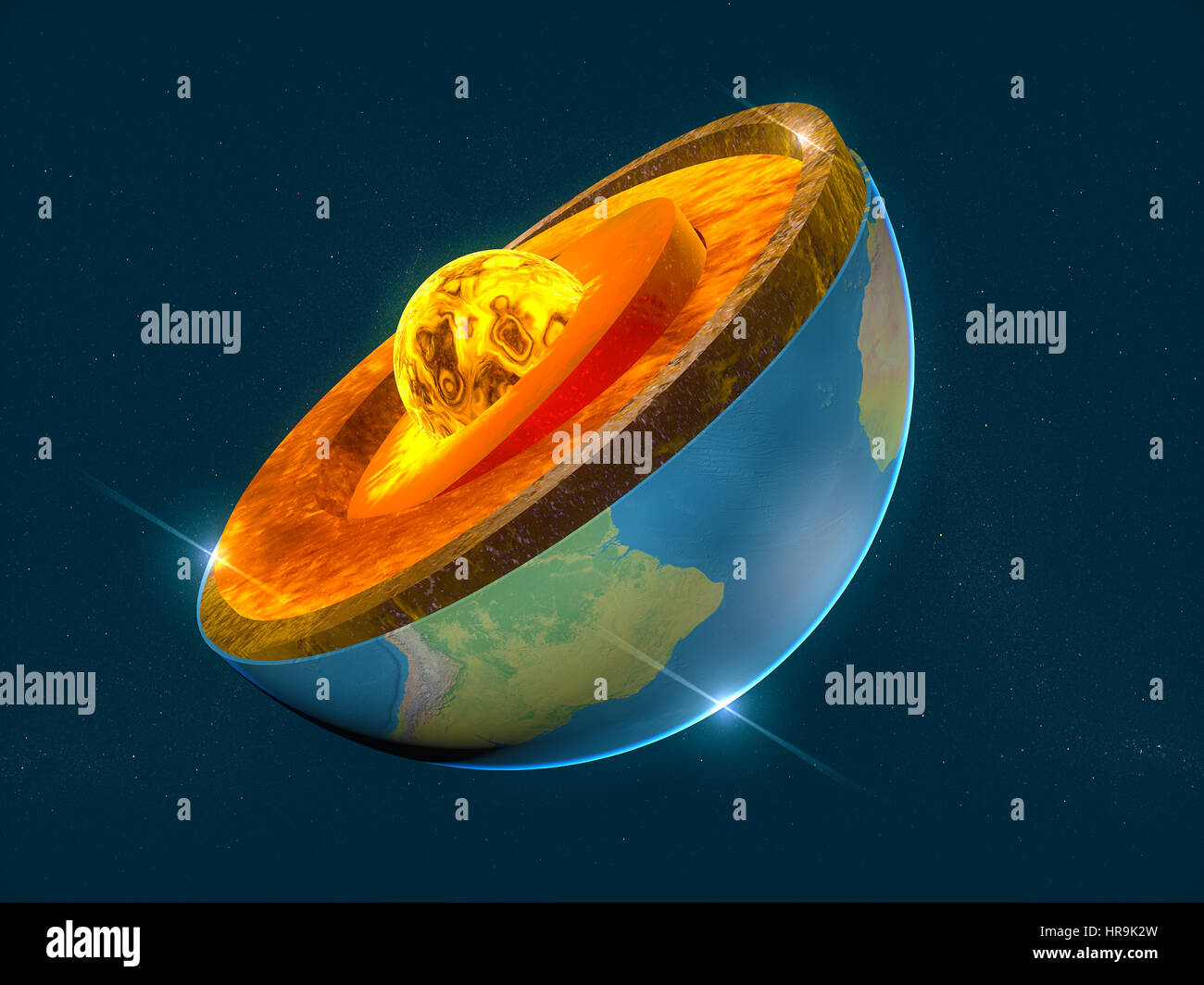Earth structure, division into layers, the earth's crust and core. 3d rendering Stock Photo