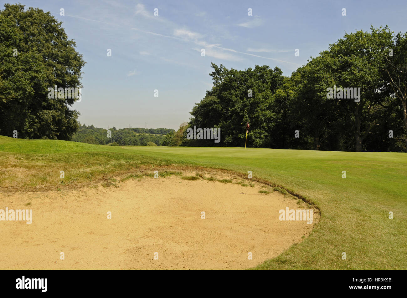 View over greenside bunker to the 16th Green, Leatherhead Golf Club ...