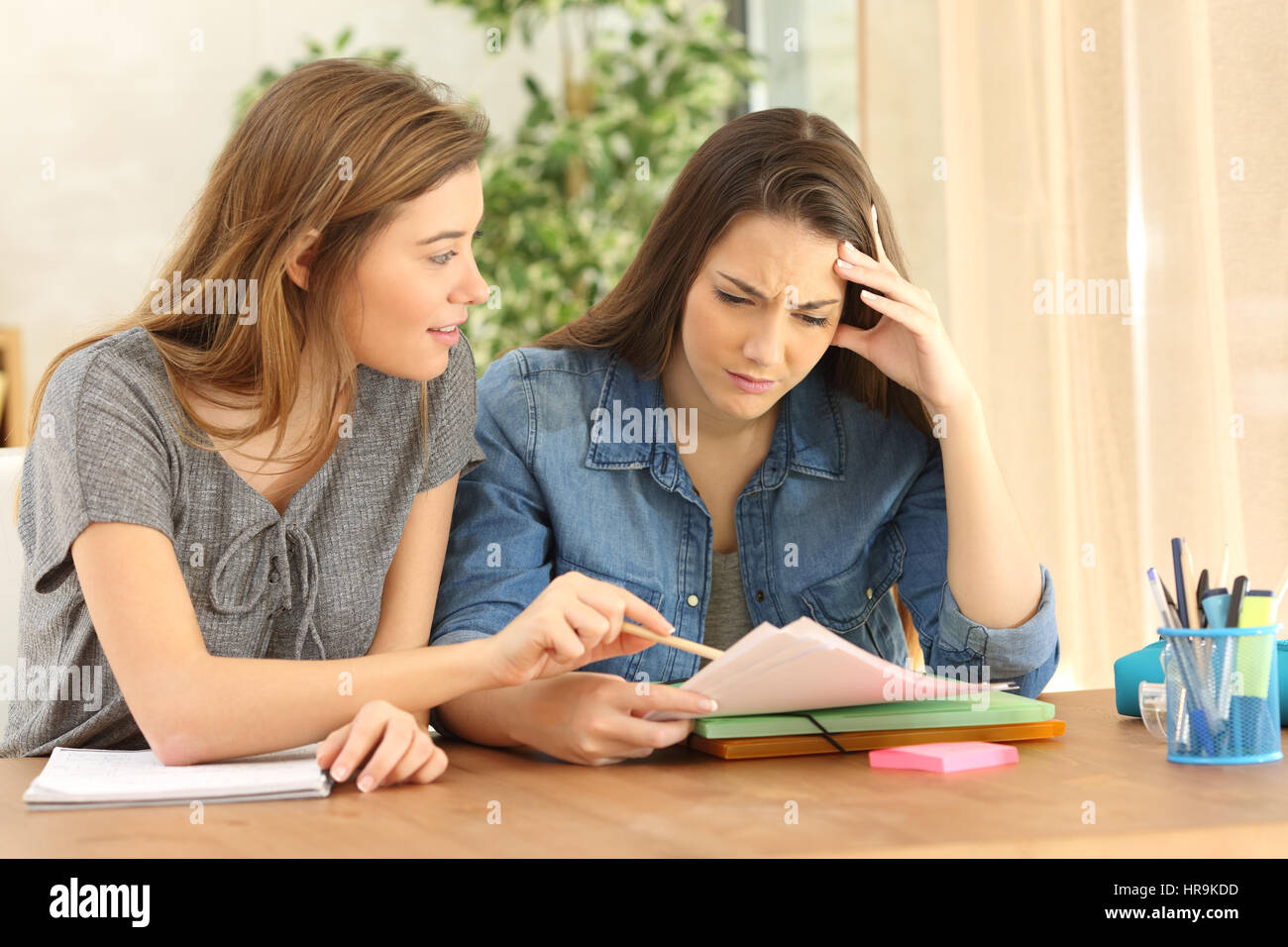 Student studying and teaching to her classmate in the living room at home Stock Photo
