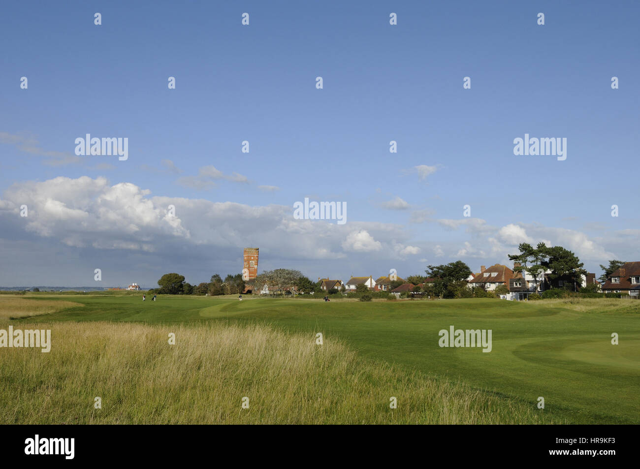 View from side over Fescue Grass to the 18th Fairway back down fairway towards the Tee, Littlestone golf course, Littlestone, Kent, England Stock Photo