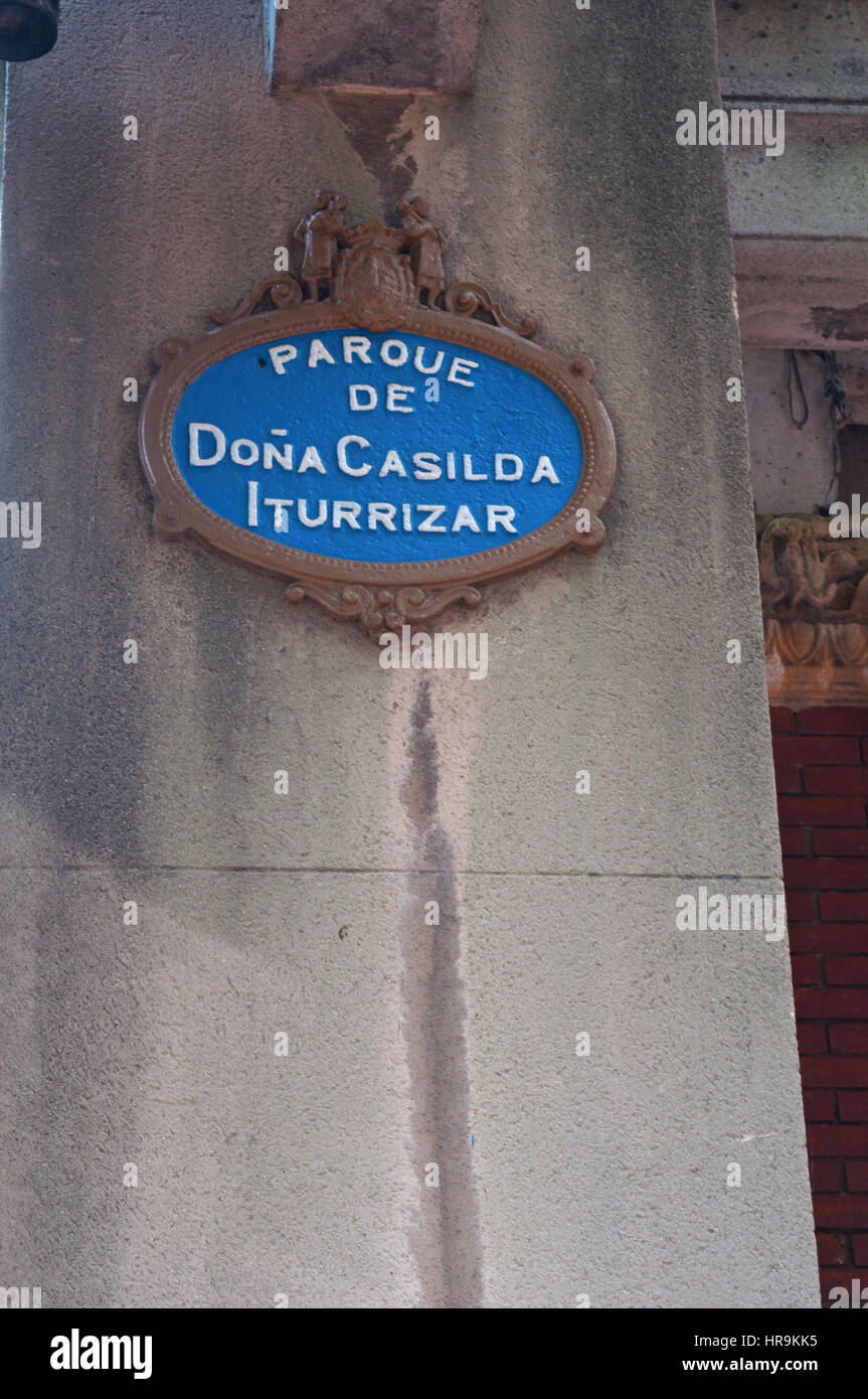 Bilbao, Spain: the sign of Dona Casilda Iturrizar park, a public park created in 1907, named after the benefactress Casilda Iturrizar Stock Photo