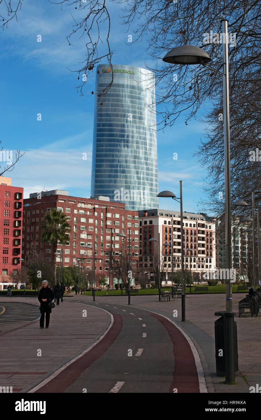 Bilbao, Basque Country, Spain: view of the palaces in the skyline of Bilbao seen from a bike path Stock Photo