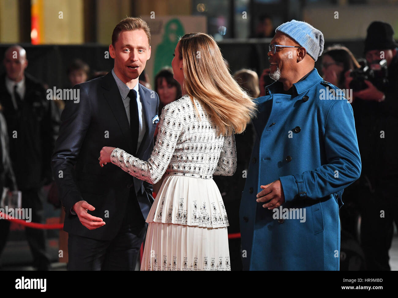 Tom Hiddleston, Brie Larson and Samuel L. Jackson attending the Kong: Skull Island Euorpean Premiere at Cineworld Leicester Square, London. PRESS ASSOCIATION Photo. Picture date: Tuesday February 28, 2017. See PA Story SHOWBIZ Kong. Photo credit should read: Chris J Ratcliffe/PA Wire Stock Photo