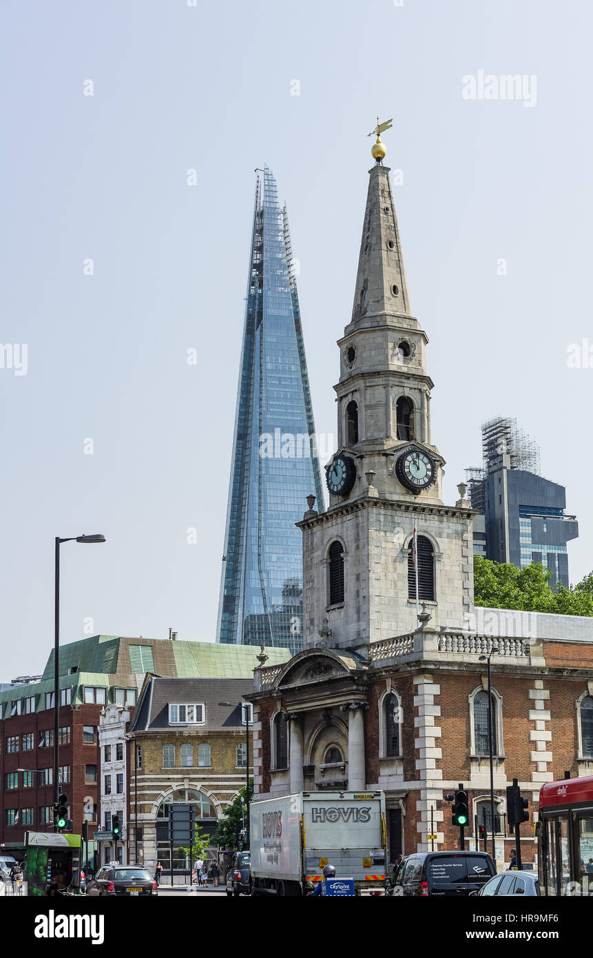 View to St. George Church and the Shard from Borough High Street near Borough Station, London, Great Britain Stock Photo